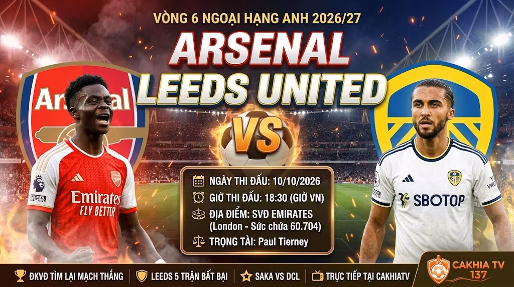 Nhận định Arsenal vs Leeds United (18h30, 10/10/2026): Điểm tựa Emirates, Pháo thủ trút giận?